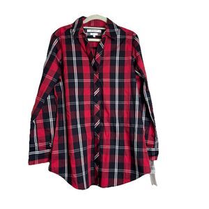 Foxcroft Wrinkle Free Red Tartan Plaid Button Down Shirt 8 Shaped Fit Holiday